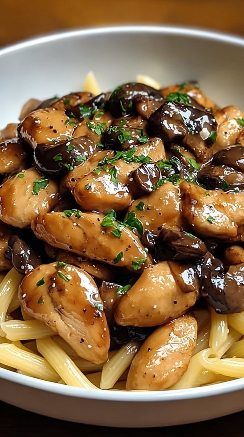 A large skillet filled with creamy Chicken Marsala Pasta, golden chicken pieces, sliced mushrooms, and fresh parsley.