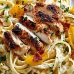 A white bowl filled with creamy fettuccine alfredo topped with sliced pan-seared chicken and fresh parsley.