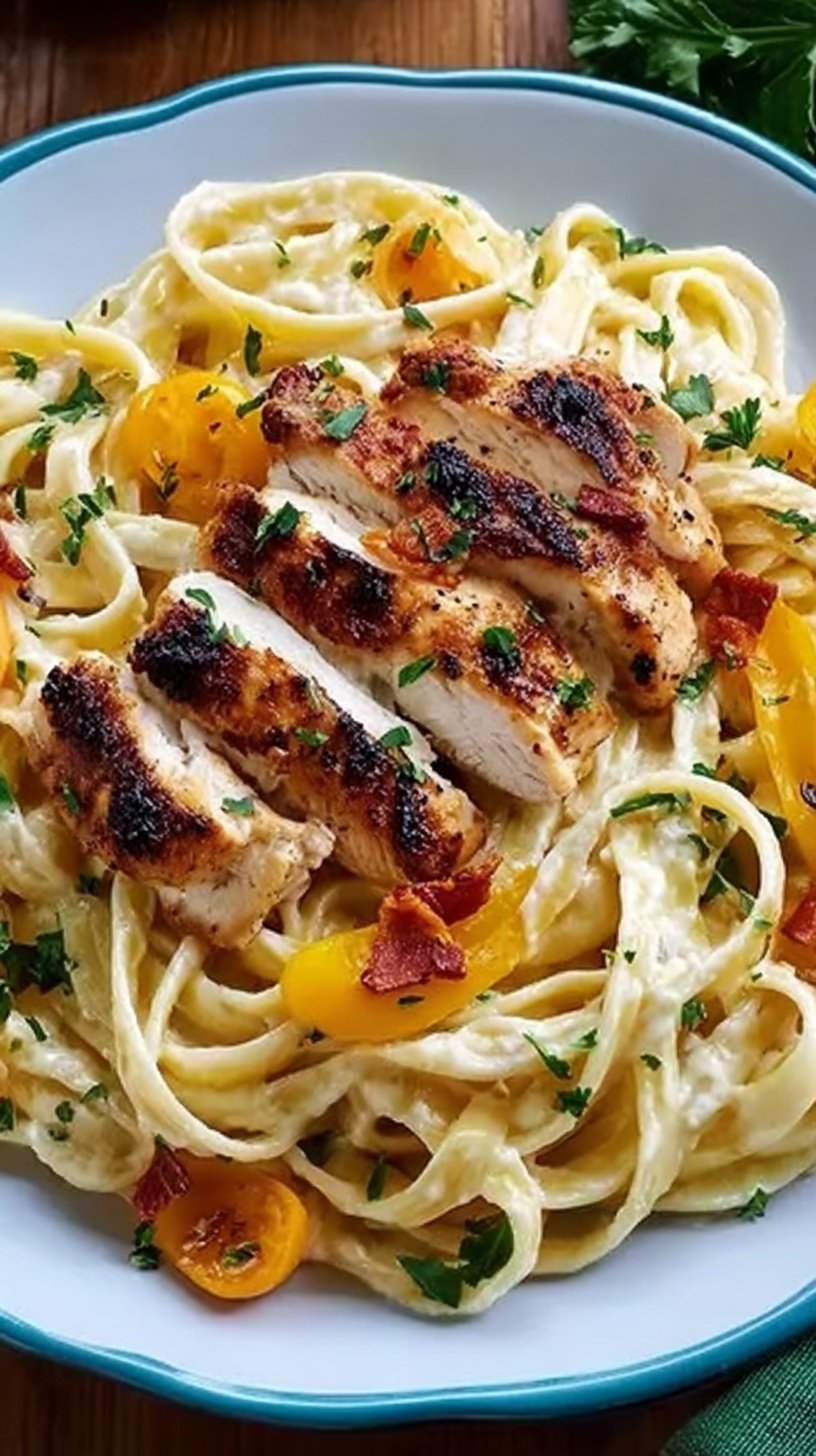 A white bowl filled with creamy fettuccine alfredo topped with sliced pan-seared chicken and fresh parsley.
