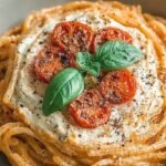A bowl of rigatoni pasta coated in a creamy orange roasted tomato and ricotta sauce with fresh basil.