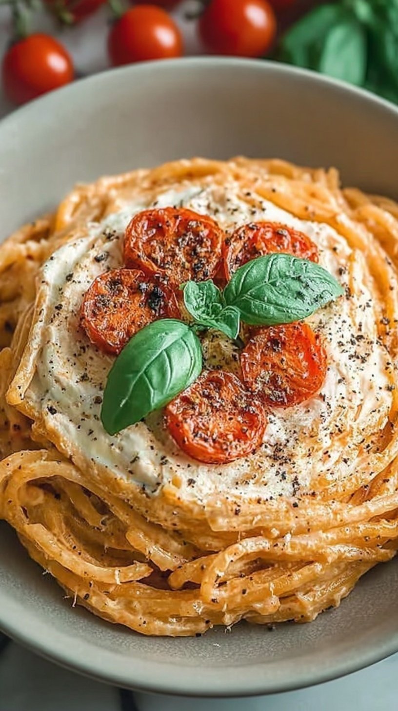 A bowl of rigatoni pasta coated in a creamy orange roasted tomato and ricotta sauce with fresh basil.