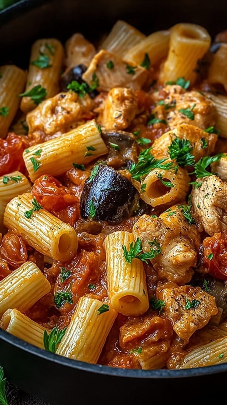 A large bowl of chicken cacciatore pasta with wide pappardelle noodles and fresh parsley