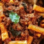 A bowl of rigatoni pasta coated in a thick, red meat sauce with fresh basil and parmesan cheese