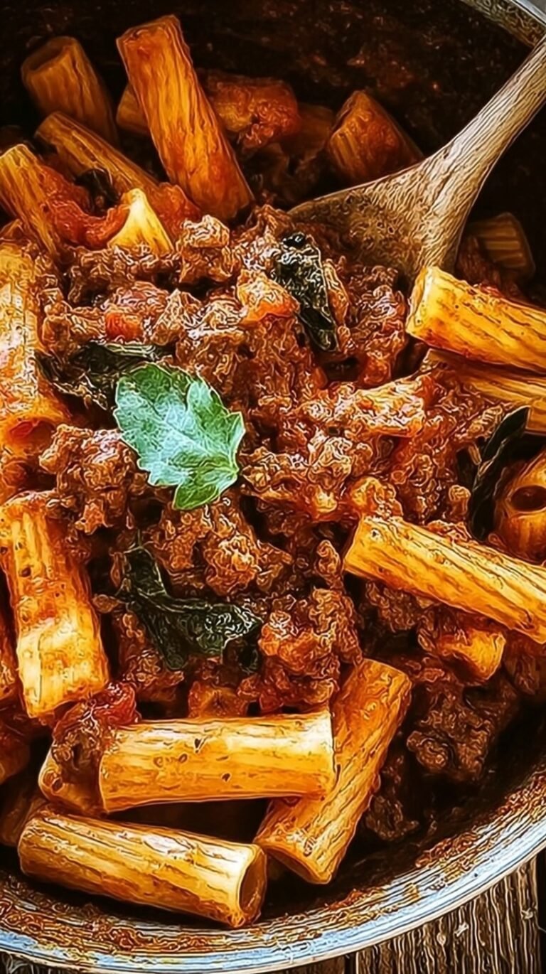 A bowl of rigatoni pasta coated in a thick, red meat sauce with fresh basil and parmesan cheese