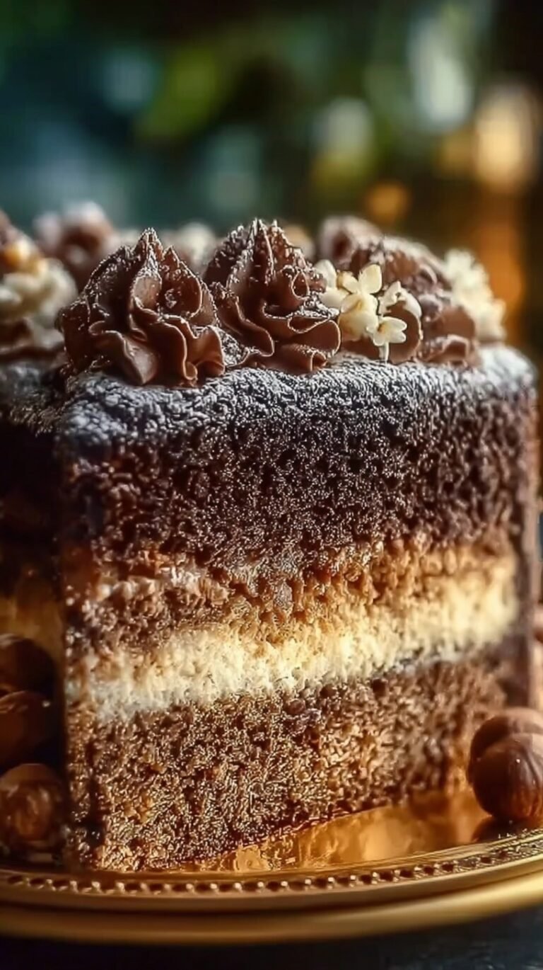 A multi-layered Egyptian Hazelnut Cake with golden hazelnut meringue and creamy custard filling.