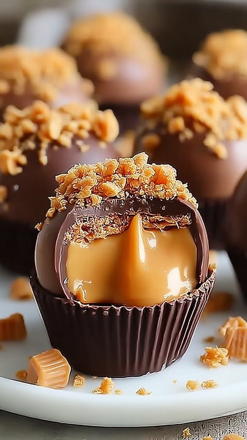 Chocolate covered peanut butter balls topped with crushed Butterfinger candy