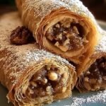 A plate of sliced Italian Nut Roll Cookies dusted with powdered sugar
