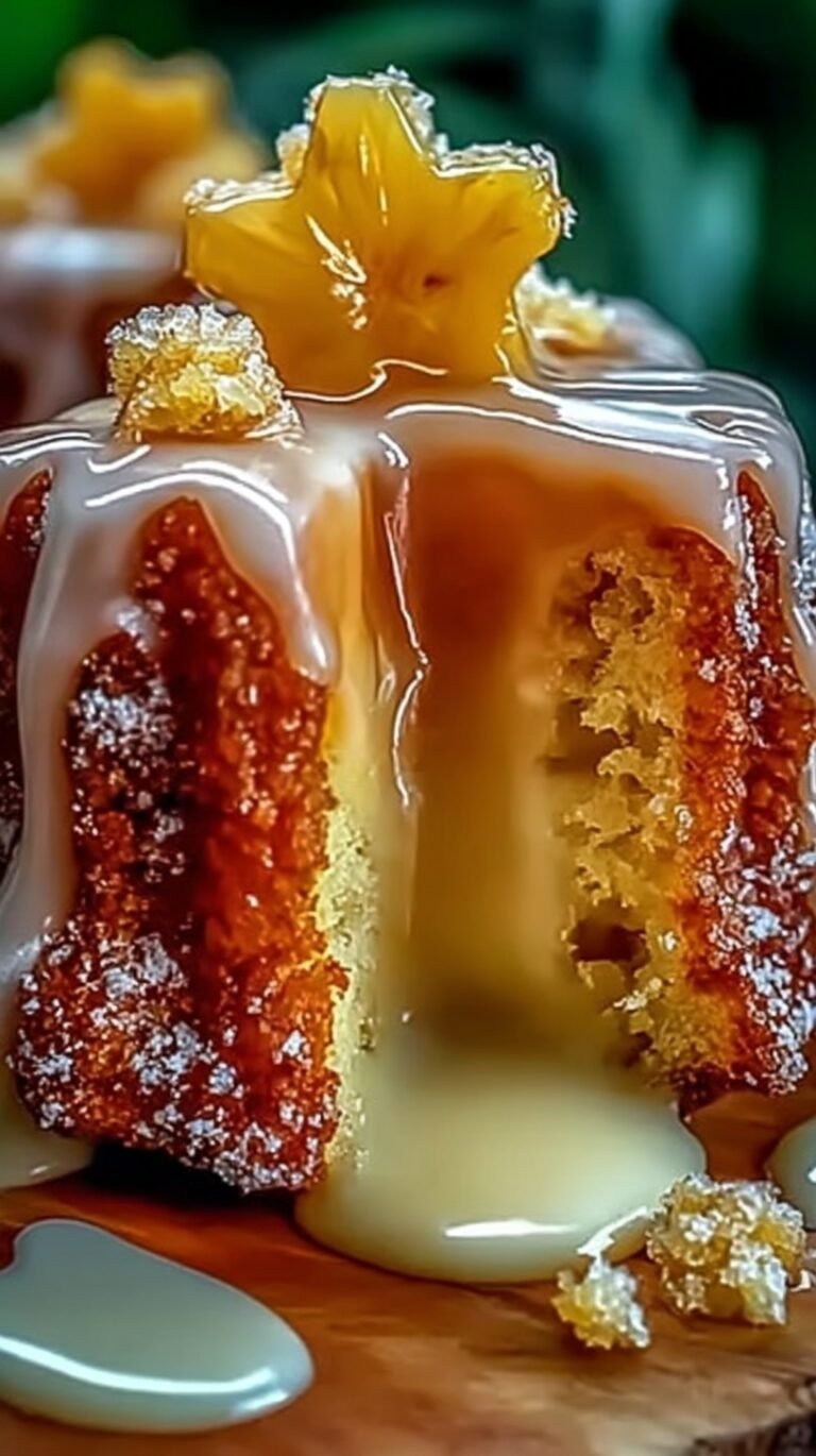 A golden brown Pineapple Upside-Down Cake with caramelized pineapple rings and bright red maraschino cherries on a white serving platter.