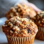 A stack of golden brown Morning Glory Muffins on a wire cooling rack with grated carrots nearby