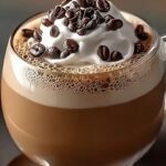 A glass of creamy espresso coffee mousse topped with a dusting of cocoa powder and a coffee bean.