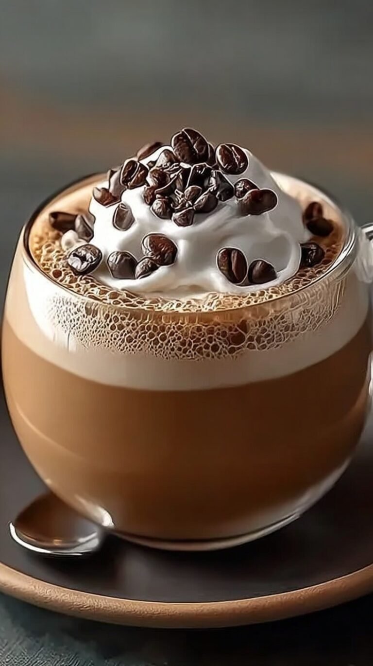 A glass of creamy espresso coffee mousse topped with a dusting of cocoa powder and a coffee bean.