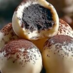 A plate of cocoa-dusted tiramisu truffles arranged on a white platter with coffee beans nearby