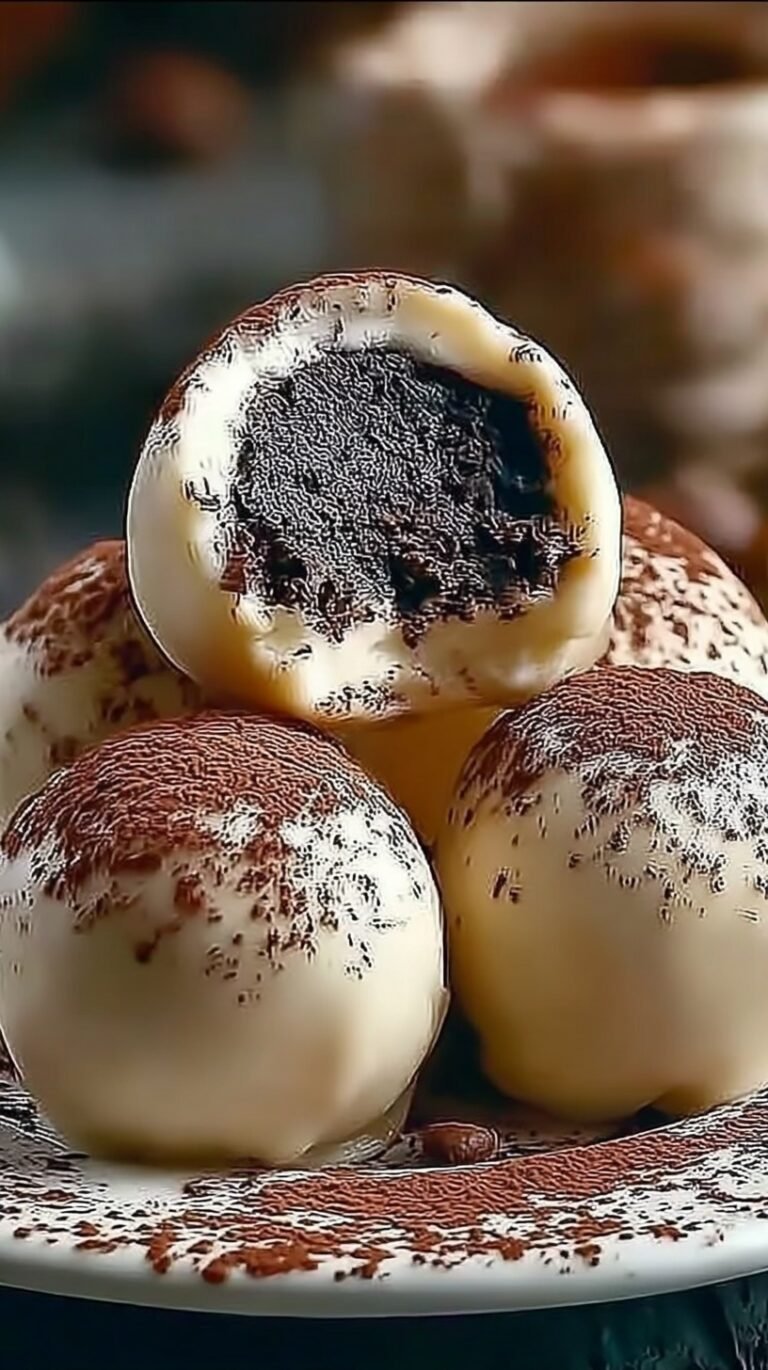 A plate of cocoa-dusted tiramisu truffles arranged on a white platter with coffee beans nearby