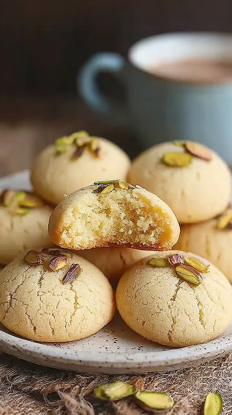 Golden Indian Nankhatai cookies topped with green pistachios on a baking sheet