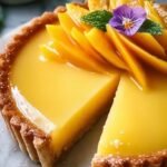 A vibrant yellow mango curd tart in a golden pastry shell garnished with lime zest