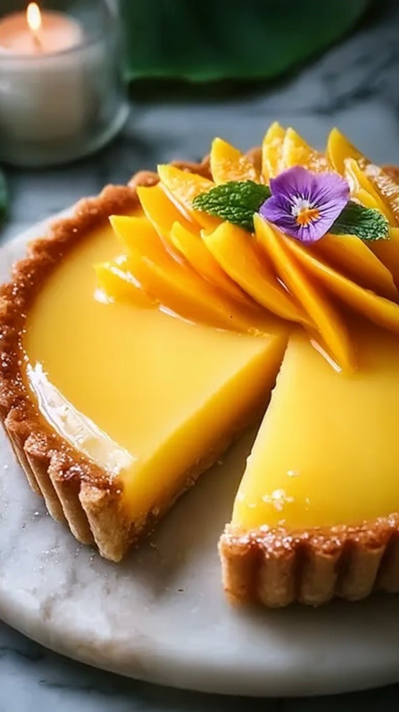 A vibrant yellow mango curd tart in a golden pastry shell garnished with lime zest