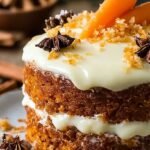 A two-layer carrot cake with thick cream cheese frosting and lime zest on a cake stand.