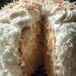 A white Coconut Cloud Cake topped with shredded coconut and whipped frosting in a baking dish