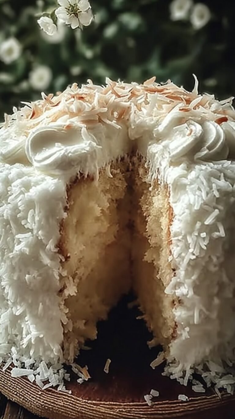 A white Coconut Cloud Cake topped with shredded coconut and whipped frosting in a baking dish