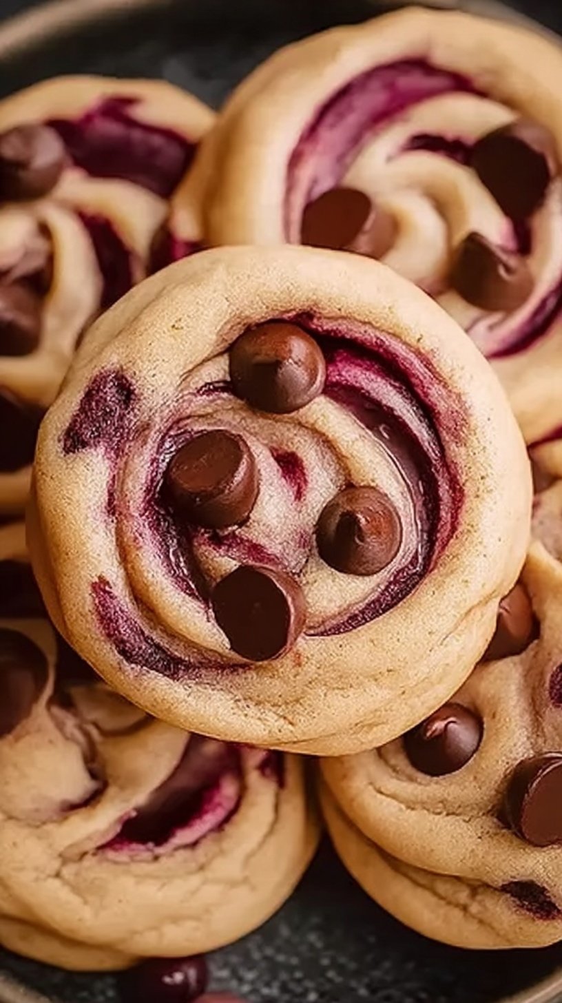 Close up of several soft cherry chocolate chip cookies on a wire cooling rack with melted mocha chips and chopped dried cherries.
