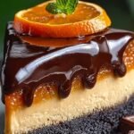 A rich dark chocolate cheesecake topped with smooth ganache and chocolate orange segments on a white platter.