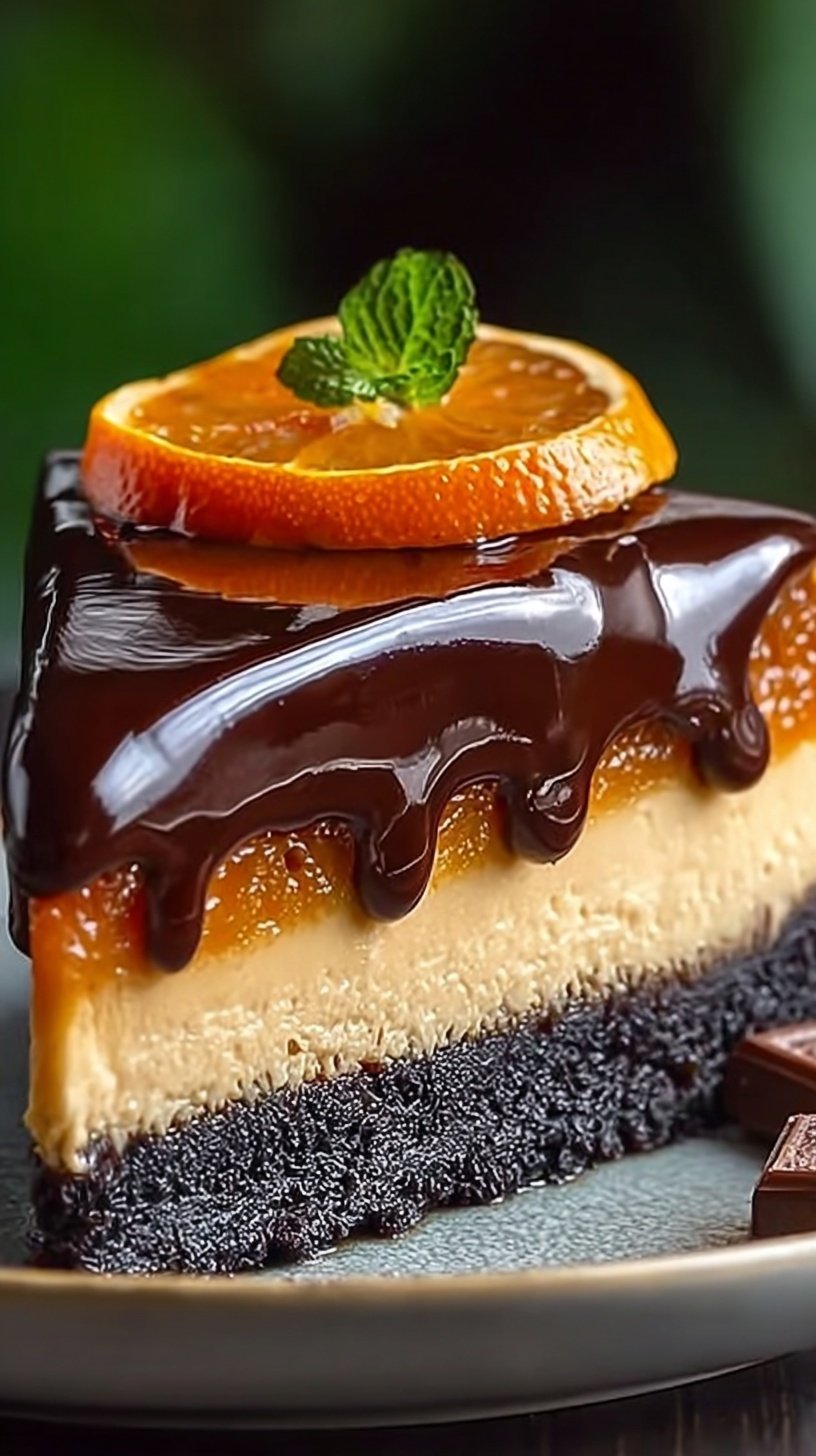 A rich dark chocolate cheesecake topped with smooth ganache and chocolate orange segments on a white platter.