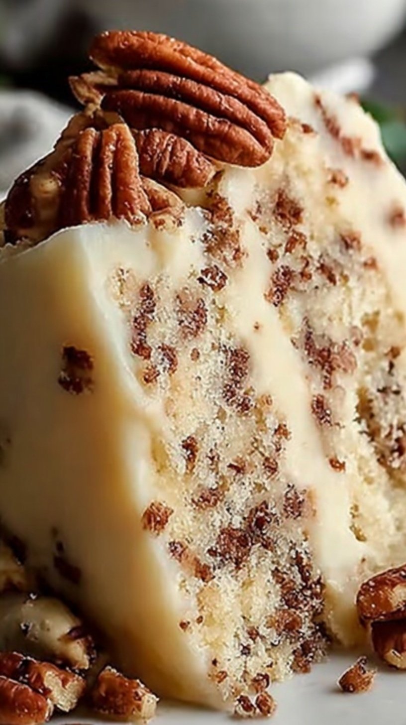 A three-layer butter pecan cake with creamy frosting and toasted pecans on top