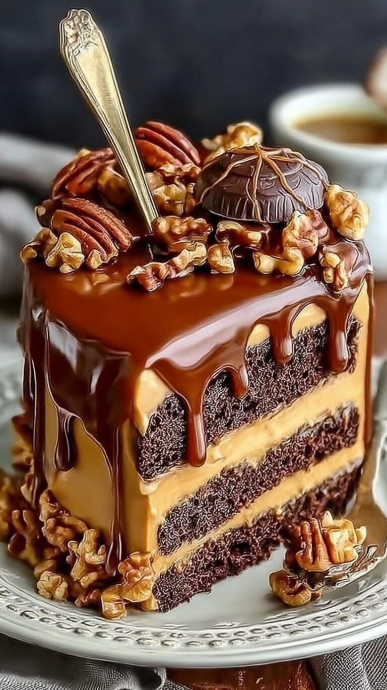 A decadent slice of chocolate cake with a gooey caramel and pecan center on a white plate.