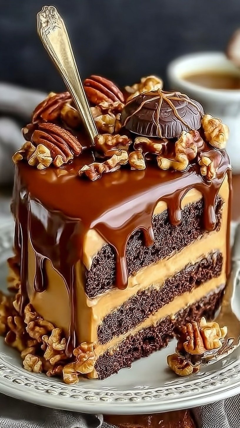 A decadent slice of chocolate cake with a gooey caramel and pecan center on a white plate.