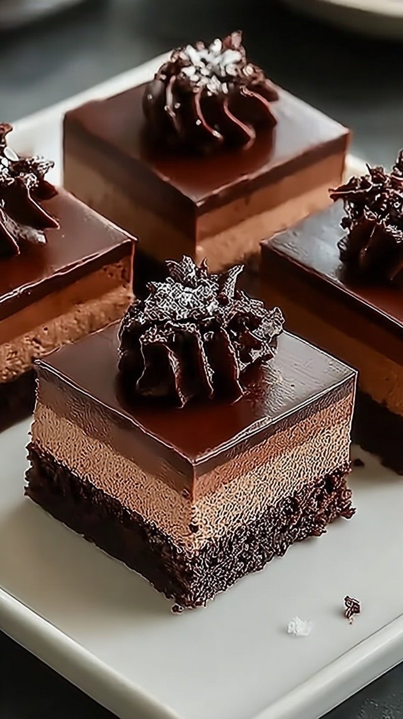 A close up shot of a three-layered chocolate mousse brownie with a shiny ganache top.