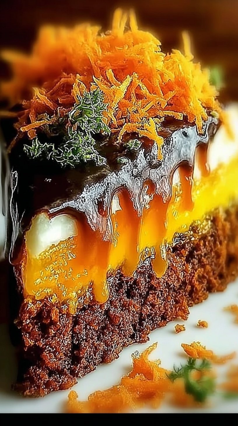 A vibrant orange Brazilian carrot cake topped with a glossy dark chocolate glaze on a white serving plate.