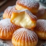 Golden brown Italian bomboloni dusted in sugar and filled with yellow vanilla cream