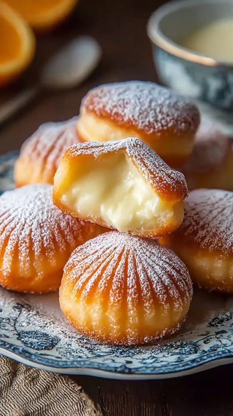 Golden brown Italian bomboloni dusted in sugar and filled with yellow vanilla cream