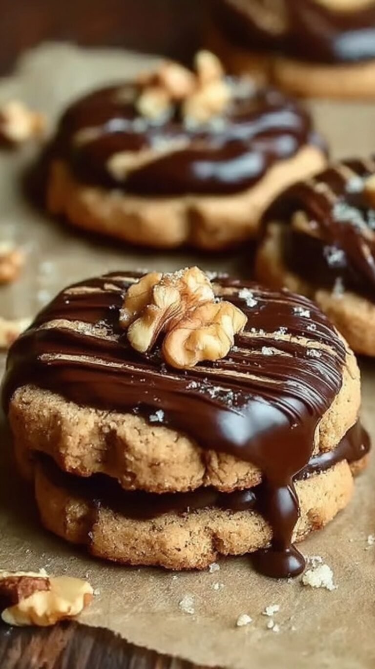 Golden espresso walnut shortbread cookies dipped in glossy dark chocolate ganache on a cooling rack.