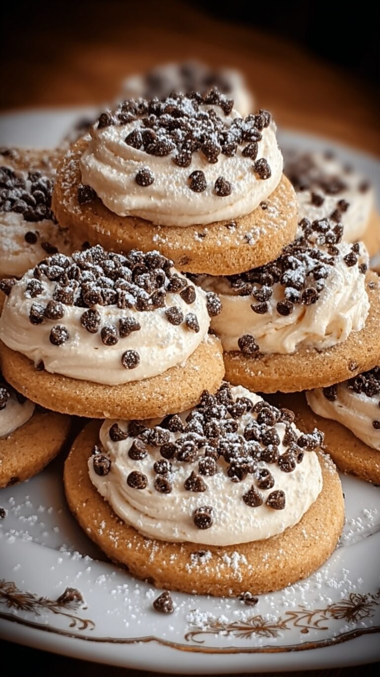 A platter of soft cannoli cookies topped with white ricotta cream, mini chocolate chips, and crushed pistachios.
