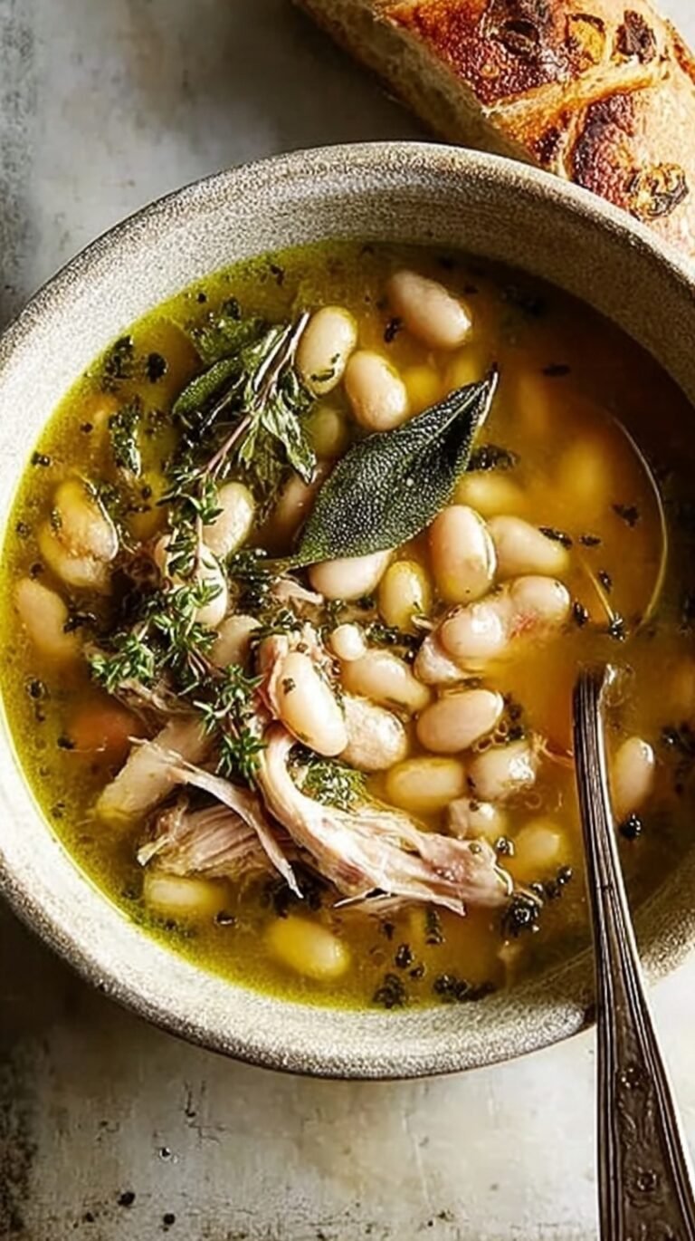 A steaming bowl of Cuban white bean soup with chorizo, potatoes, and greens.
