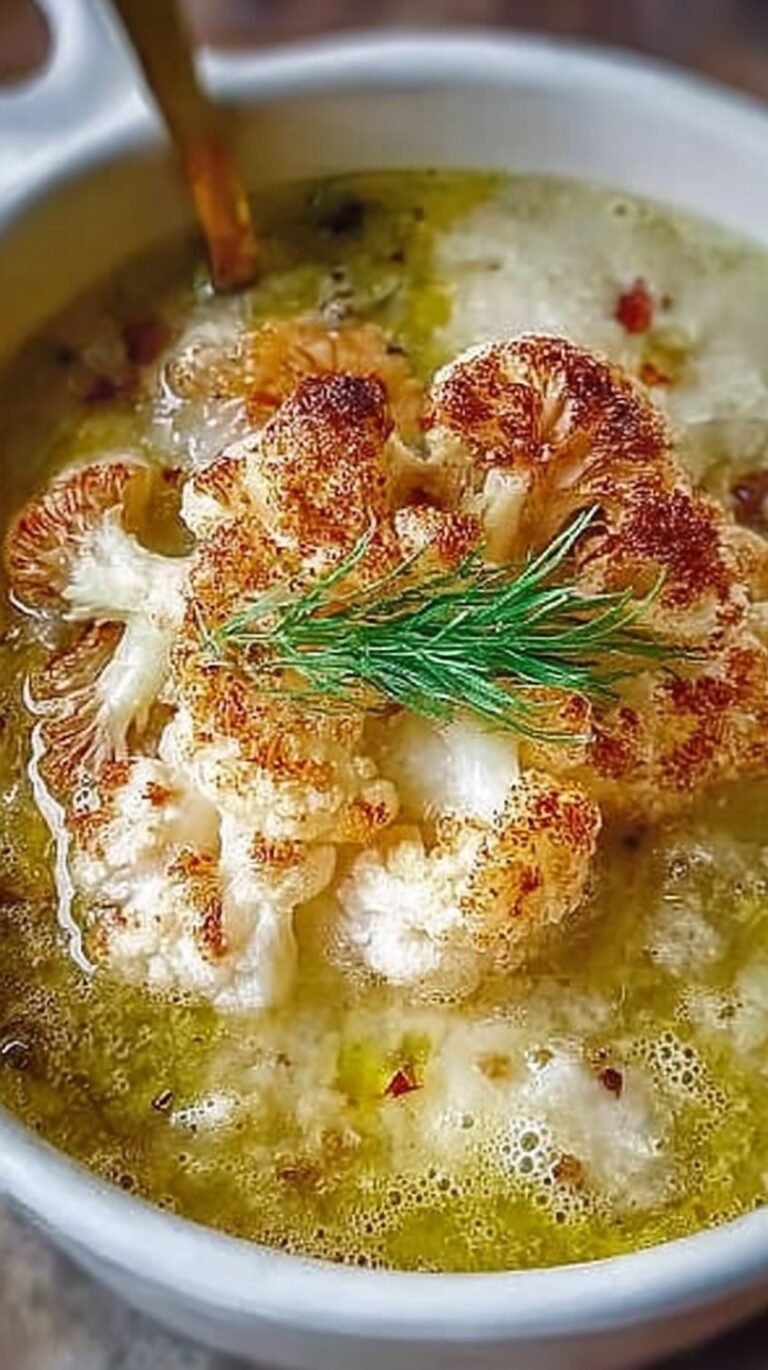 A bowl of smooth white cauliflower soup topped with golden roasted florets and fresh chives.