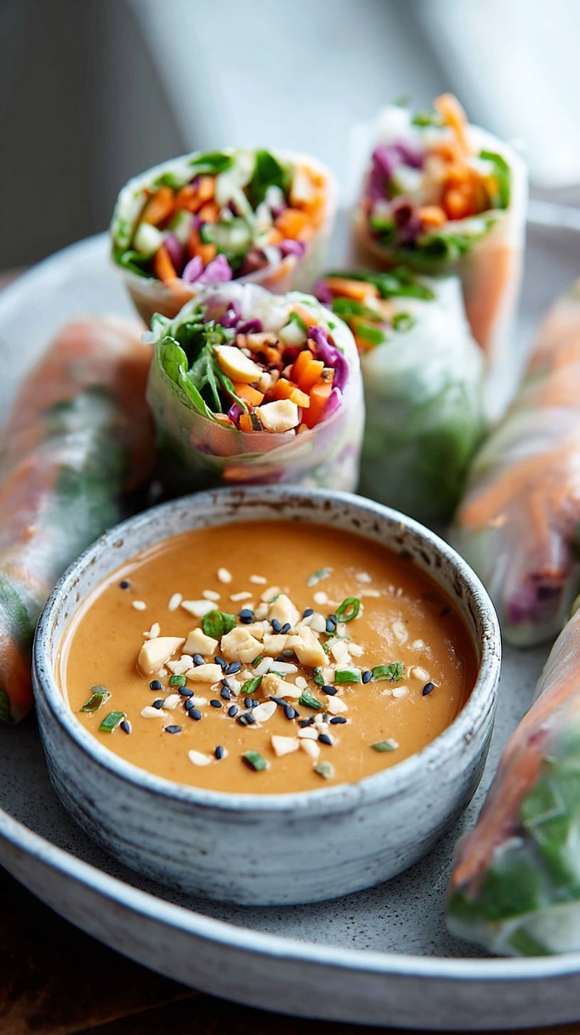 Fresh spring rolls filled with shrimp and vegetables served with peanut sauce