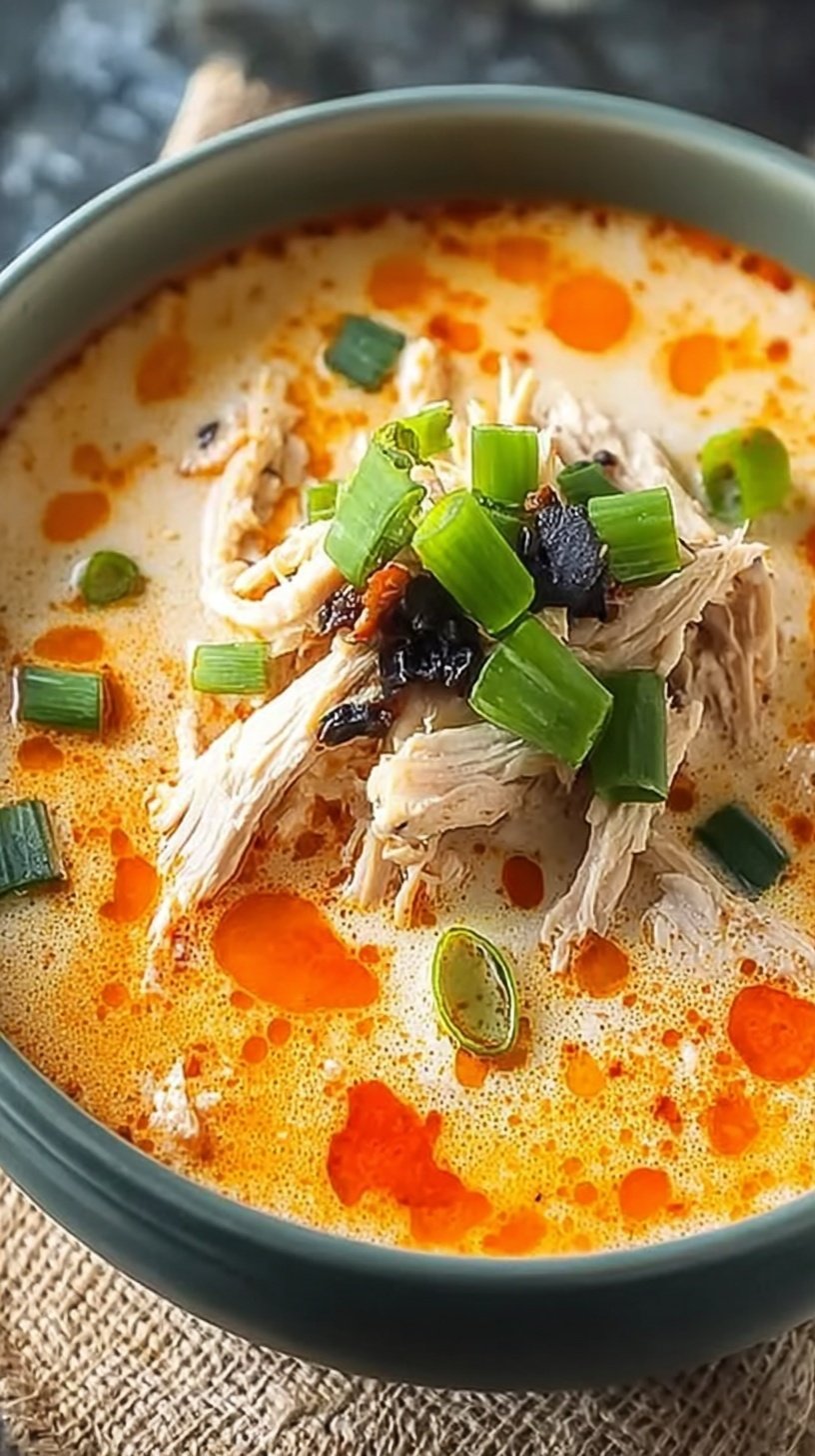 A bowl of creamy orange buffalo chicken soup topped with shredded cheese and diced celery
