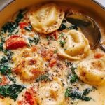 A bowl of creamy ravioli soup with sausage and spinach garnished with fresh basil