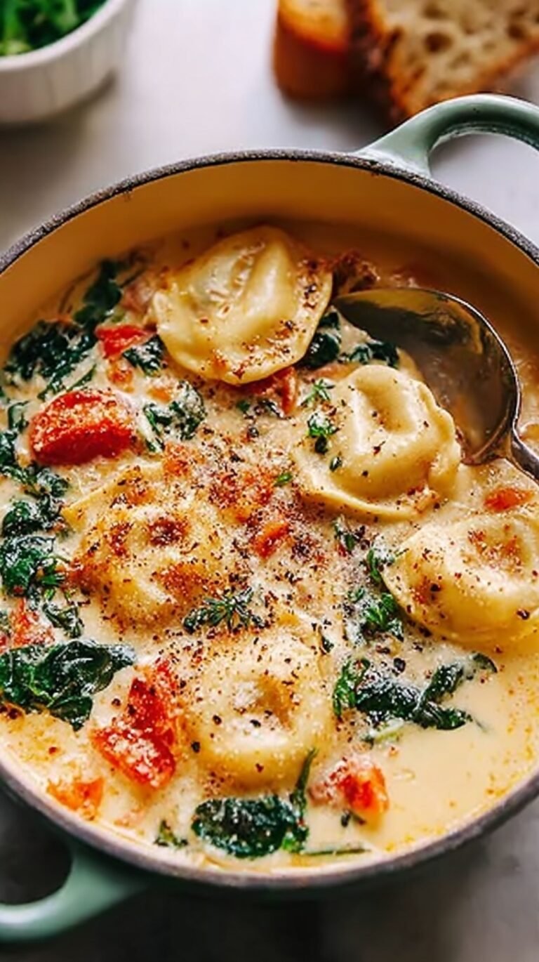 A bowl of creamy ravioli soup with sausage and spinach garnished with fresh basil