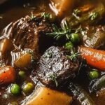 A steaming bowl of hearty vegetable beef soup with tender beef cubes and sliced carrots in a rich broth.