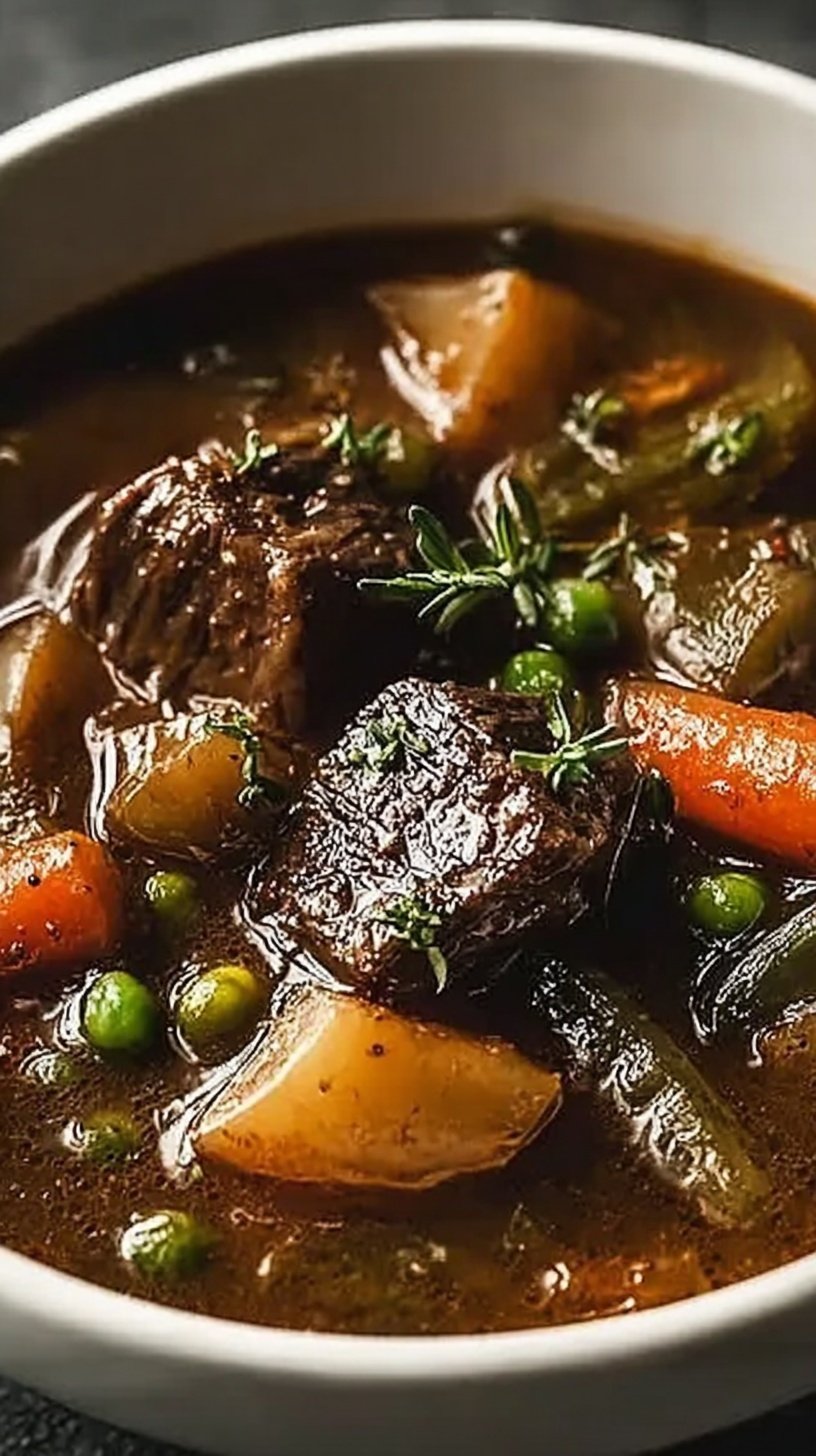 A steaming bowl of hearty vegetable beef soup with tender beef cubes and sliced carrots in a rich broth.