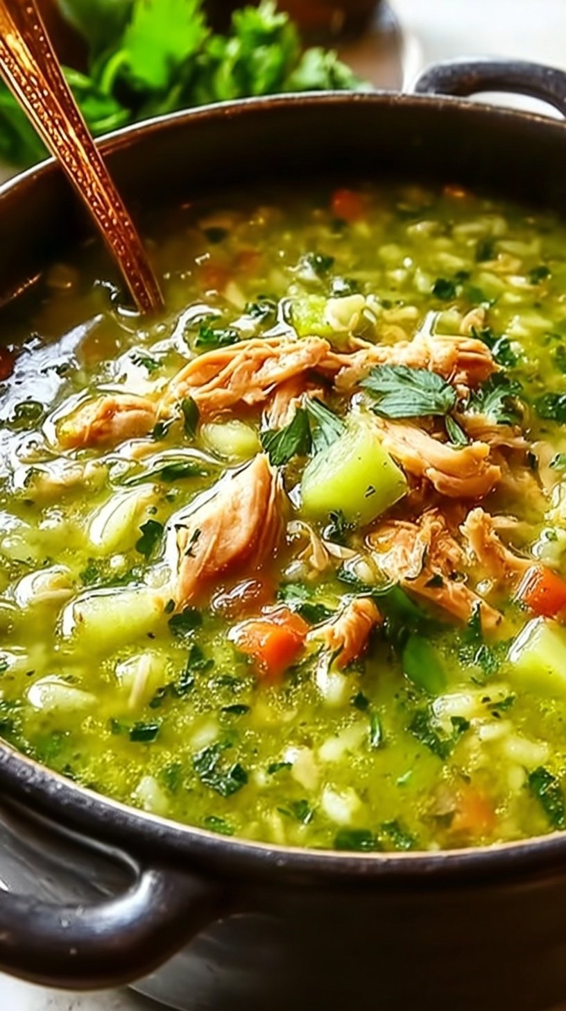 A large bowl of vibrant green Peruvian chicken soup with rice, potatoes, and peas.