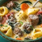 A bowl of creamy tortellini soup with browned beef sausage and fresh spinach