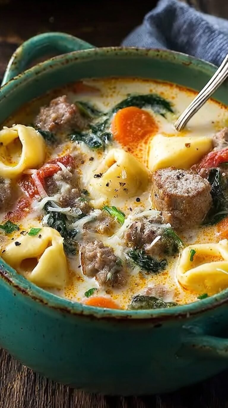A bowl of creamy tortellini soup with browned beef sausage and fresh spinach