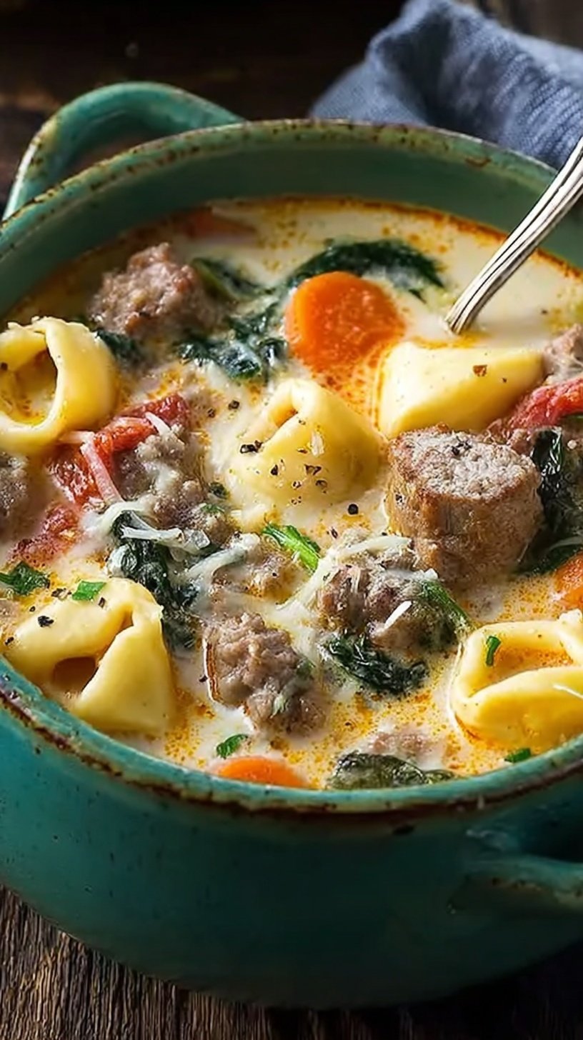 A bowl of creamy tortellini soup with browned beef sausage and fresh spinach
