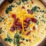A bowl of creamy chicken soup topped with melted cheddar cheese, crispy bacon bits, and fresh green onions.