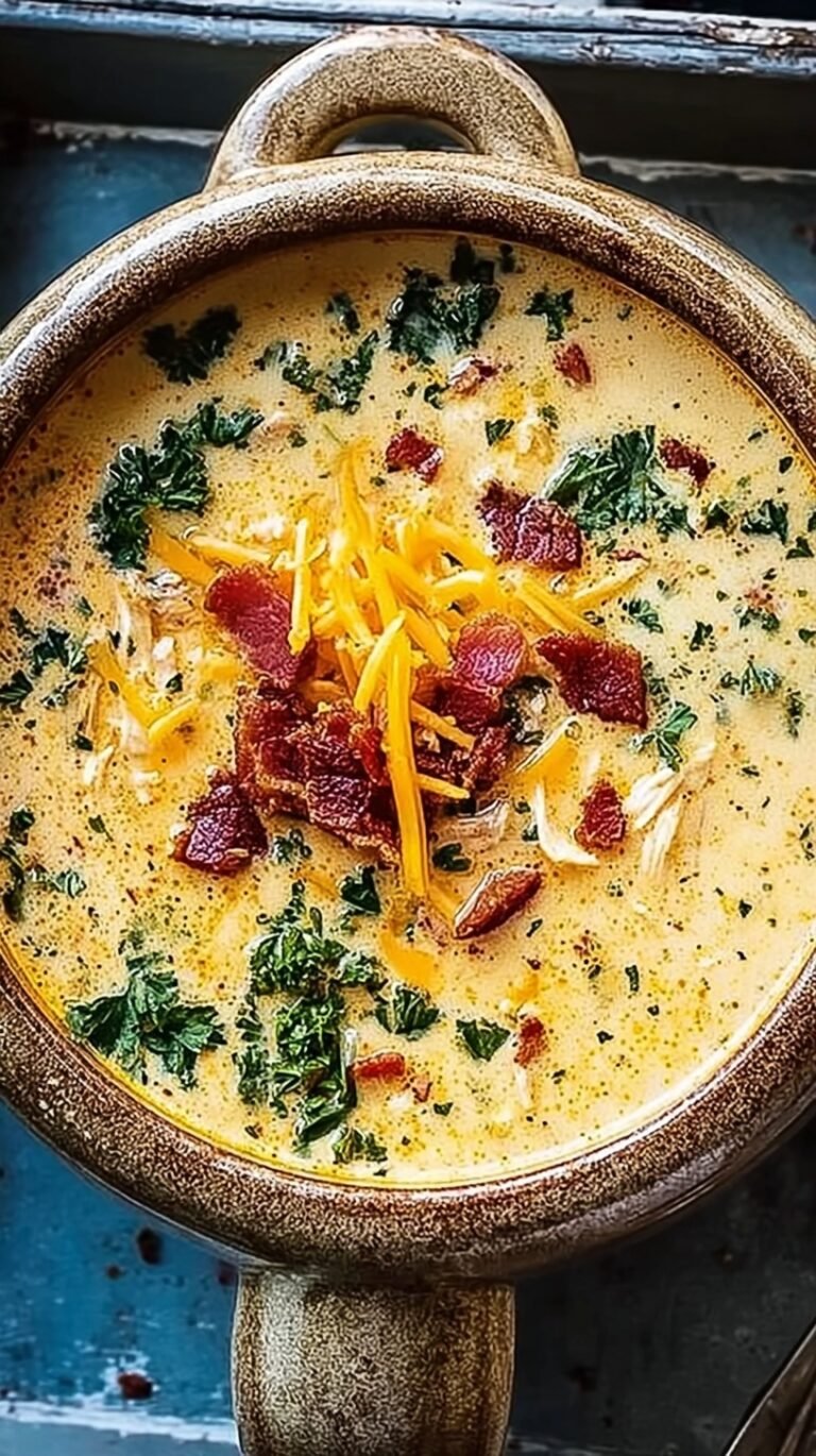 A bowl of creamy chicken soup topped with melted cheddar cheese, crispy bacon bits, and fresh green onions.