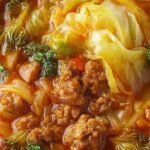 A steaming bowl of cabbage roll soup with ground beef, rice, and tender cabbage garnished with parsley.